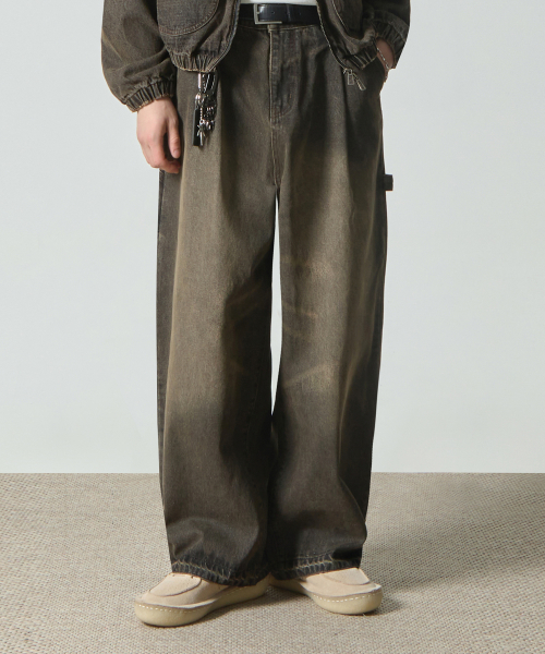 BIO WASHING WIDE CARPENTER DENIM PANTS_DUST BLACK