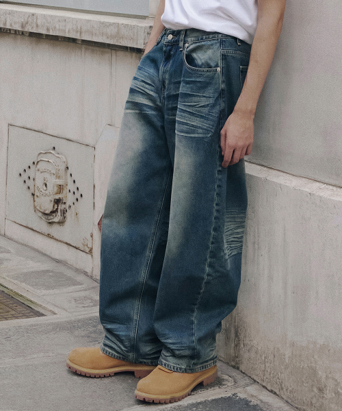 Embossed washed denim pants (Green Blue)