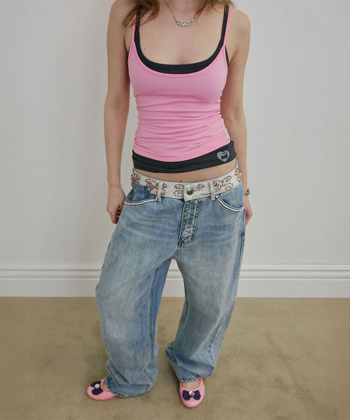 Beaded Waist Denim Pants Mid Blue