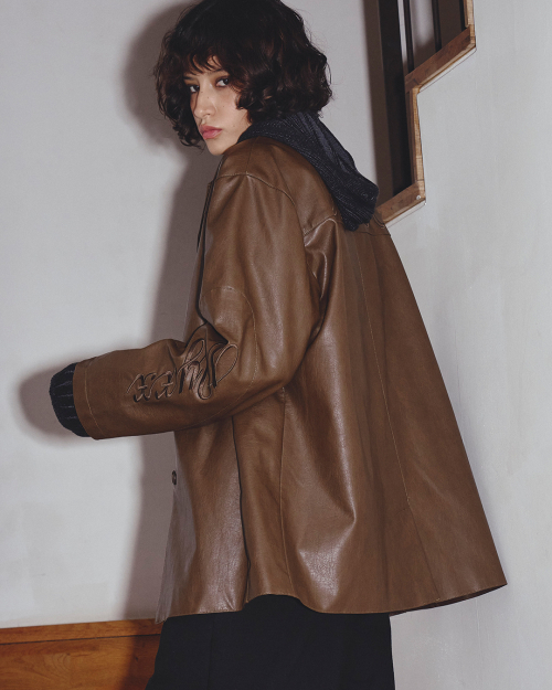 FAUX LEATHER EMBROIDERY JACKET BROWN