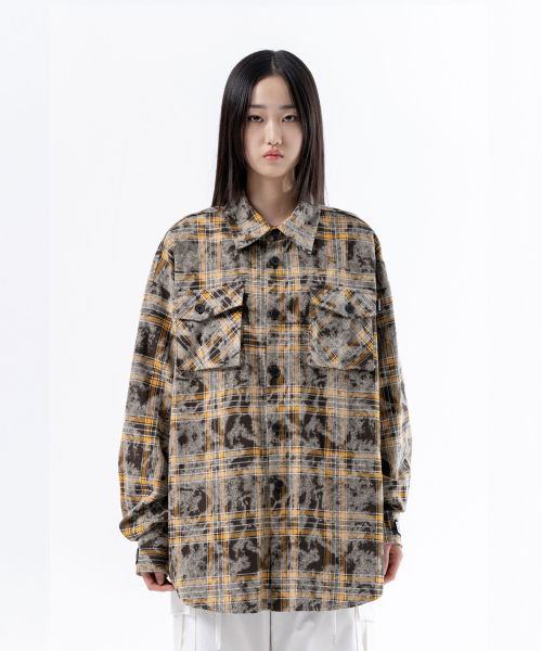 VELCRO CHECK WASHING SHIRT JACKET BROWN