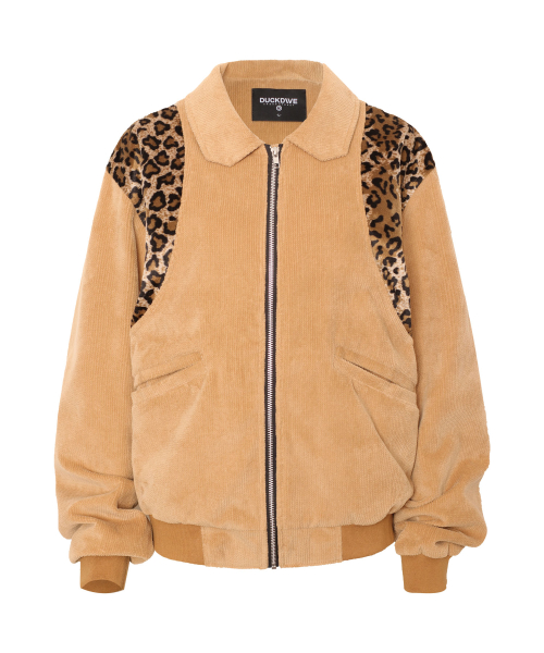 LEOPARD PIECE CORDUROY BOMBER JACKET CAMEL
