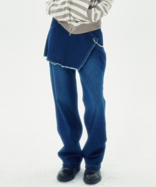 SKIRT LAYERED DENIM PANTS [BLUE]