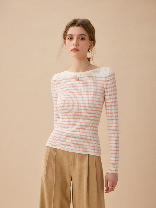 LUX marine boat neck stripe knit_PINK