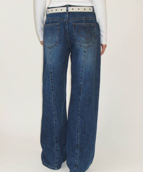 Stitch Wide Denim Pants, BLUE