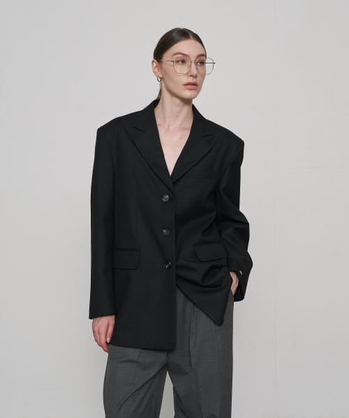 Oversized Wool Single Blazer Black