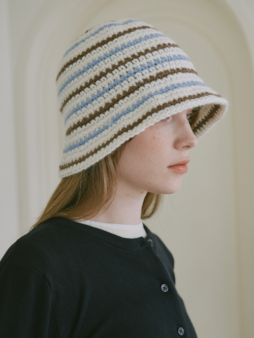 Wool Stripe Crochet Hat (Cream)