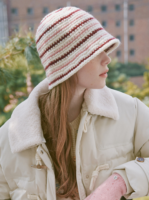 Wool Stripe Crochet Hat (Pink)