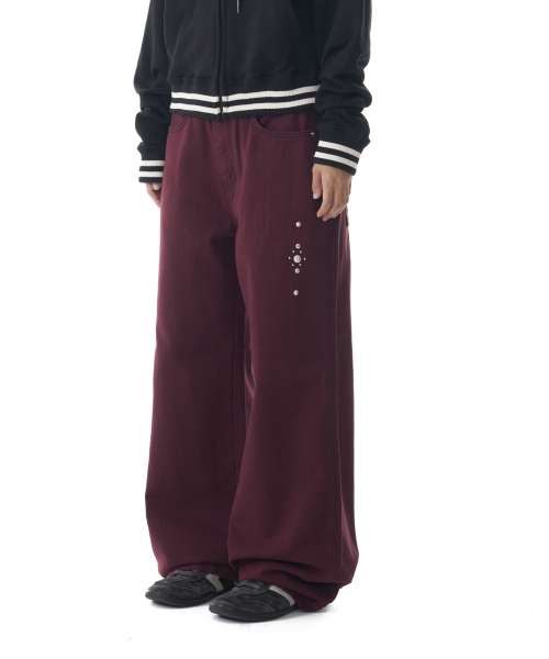 Western Studded Cotton Pants (Wine)