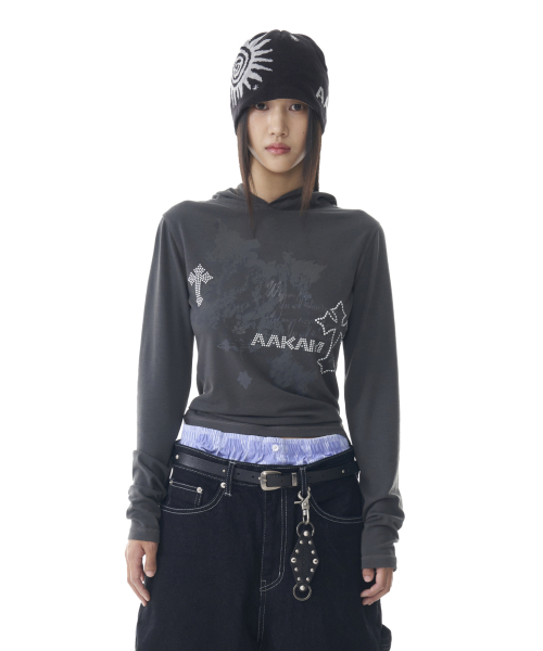 Studded Cross Hooded Long Sleeve (Dark Gray)