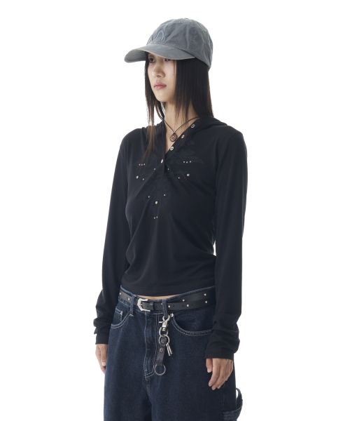 Studded Leaf Hooded Long Sleeve (Black)