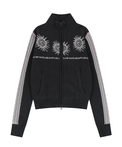 Sun Jacquard Zip-Up Sweater (Dark Gray)