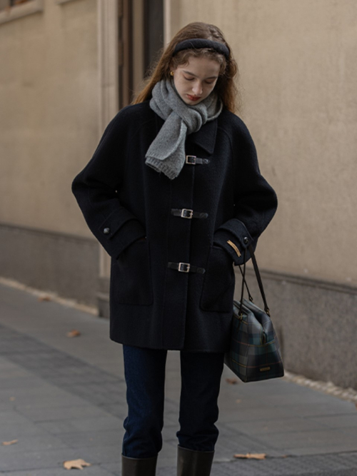 CAEL handmade wool buckle short coat_BLACK