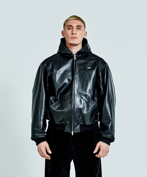 Leather Hoodie zip-up - Black