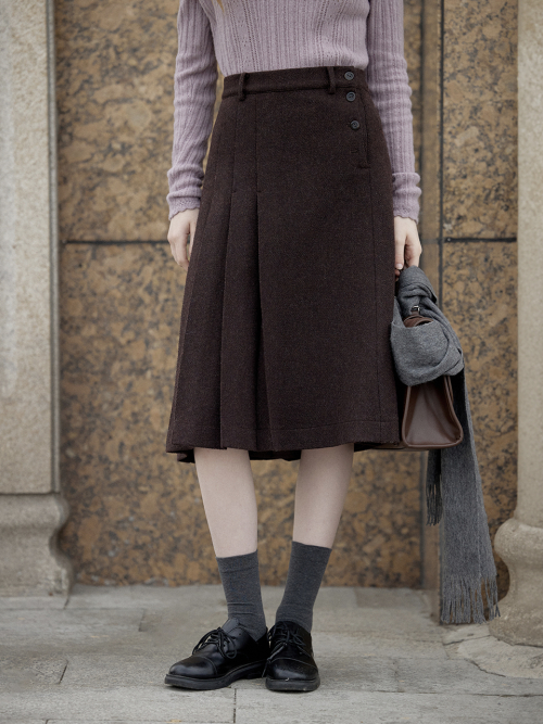 CIEL wool pleats skirt_BROWN