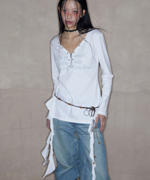 Stud V-Neck Ruffle Top (WHITE)