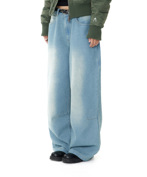 Grid Pattern Denim Pants (Washed Blue)