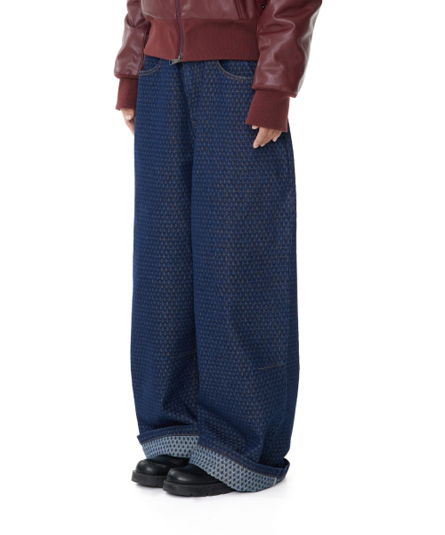 Grid Pattern Denim Pants (Blue)