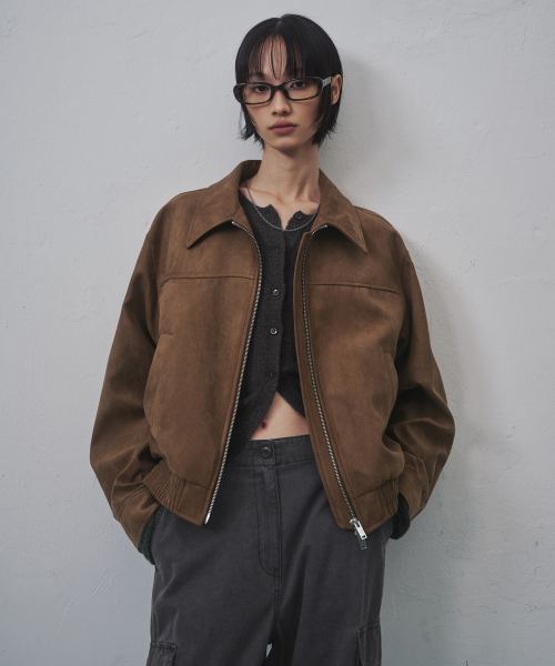 WOMENS SYNSETIC SUEDE BLOUSON JACKET [BROWN]