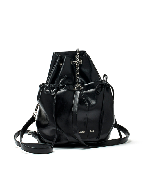 DRAW STRING RIBBON BACK PACK IN BLACK