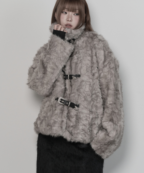 Western Belt Mix Fur Jacket (Gray)