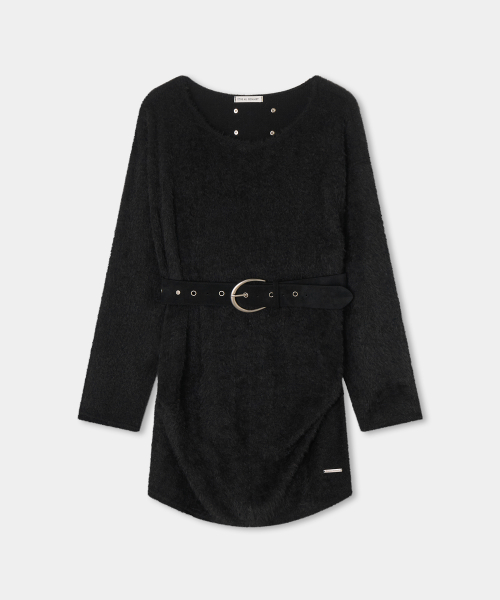 Angora One-Shoulder Suede Belt Dress (BLACK)