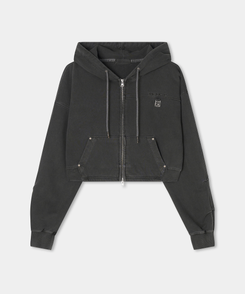 Soft Heavy Angel Washing Crop Hood Zip-up (charcoal)