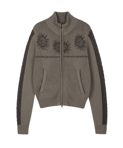 Sun Jacquard Zip-Up Sweater (Brown)