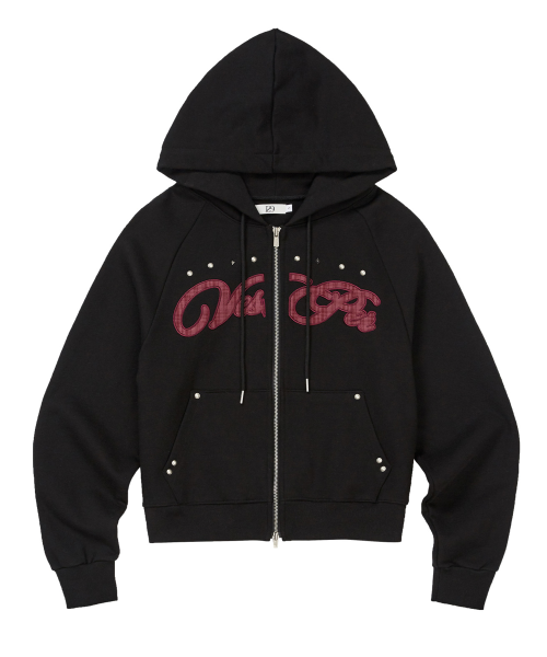 Check Applique Hoodie Zip-Up Black