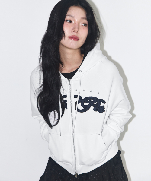 Check Applique Hoodie Zip-Up White
