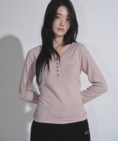 WISH RIBBED BUTTON TEE / PINK