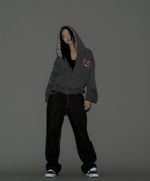 Leopard Heart Logo Hoodie Zip-Up (Washed Charcoal)