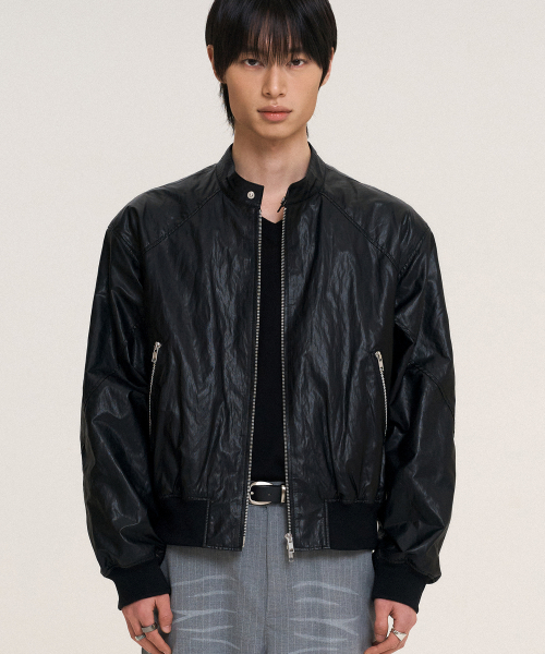 Paneled Sporty Leather Jacket BLACK