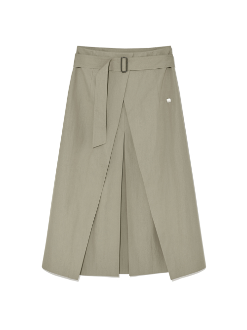 A LINE PLEATS BELTED SKIRT IN LIGHT KHAKI