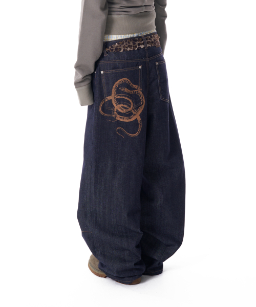 Snake Printed Denim Pants (Dark Blue)