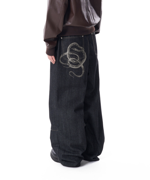 Snake Printed Denim Pants (Black)