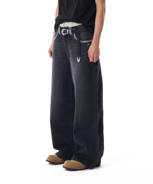 Contrast Washed Denim Pants (Black)