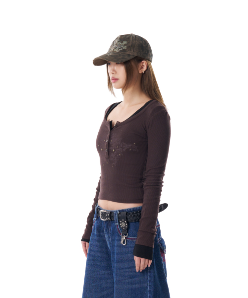 Studded Button Long Sleeve (Brown)