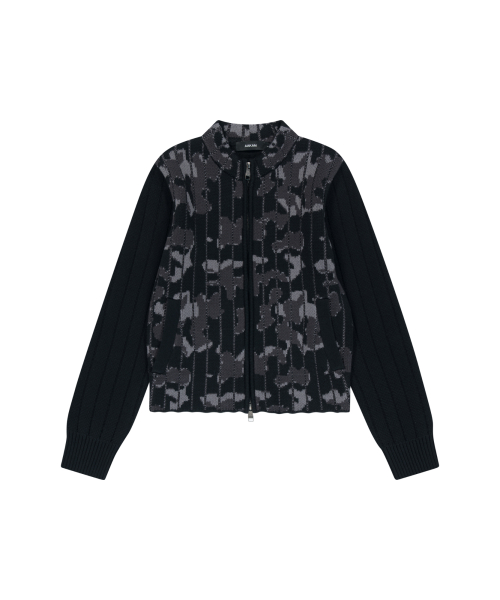 Camouflage Knit Zip-Up Cardigan (Black)