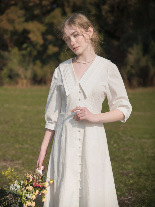 ROMIN V neck pintuck collar dress_WHITE
