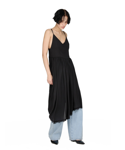 Lace Layered Shirring One-piece, BLACK