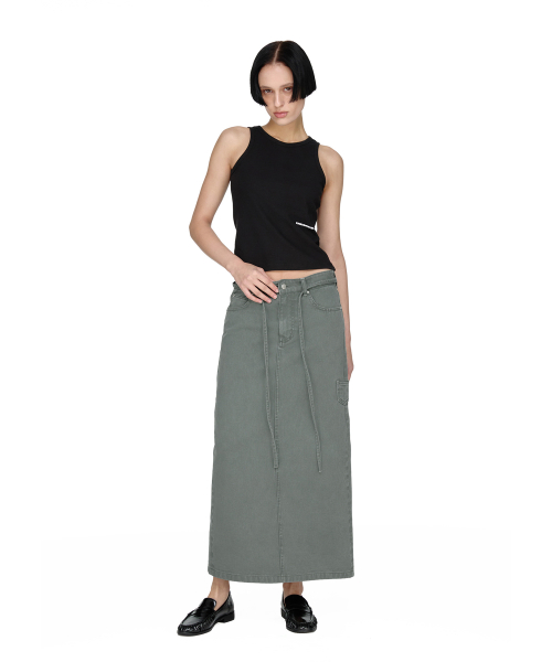 String Color Denim Maxi Skirt, KHAKI