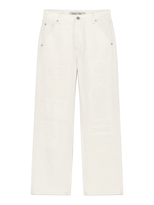 DAMAGE PATCH DENIM PANTS IN IVORY