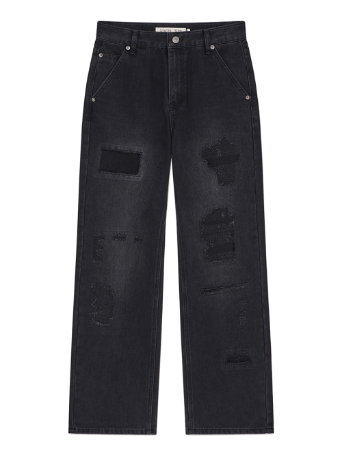 DAMAGE PATCH DENIM PANTS IN BLACK