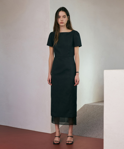 See-through Boat Neck Dress[LMBFCO24DR802]-Black