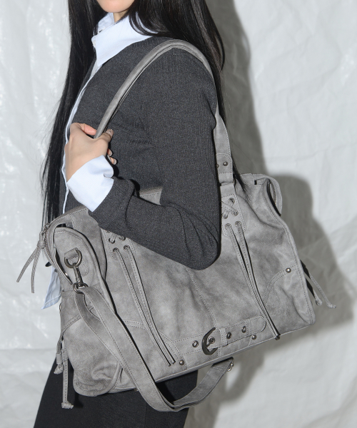 BELTED WASHING LEATHER BAG (GRAY) F25QE990