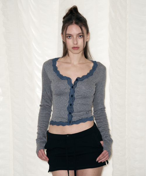 Mila Lace Long Sleeve Top (Melange Charcoal)