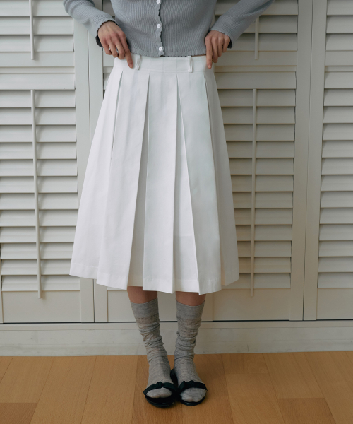 Cotton Pleats Midi Skirt[LMBESPSK5408]-Off-White