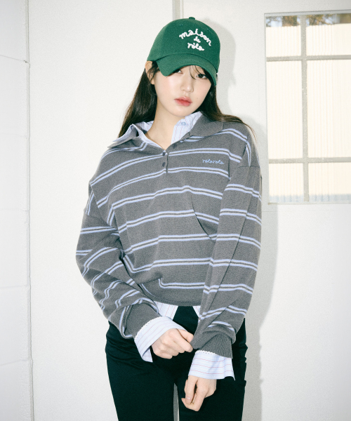 LOOSE FIT COLLAR STRIPE KNIT DEEP GRAY
