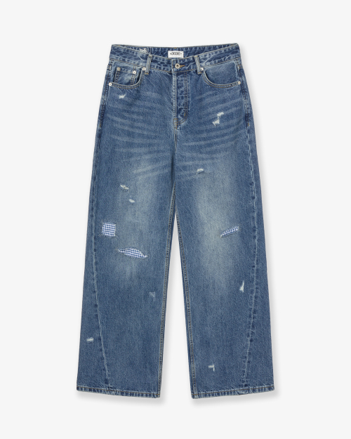 CHECK PATCHWORK DENIM PANTS [MID BLUE]